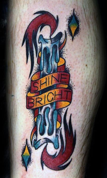 Shine Bright Banner Guys Traditional Double Ended Candle Tattoo On Leg