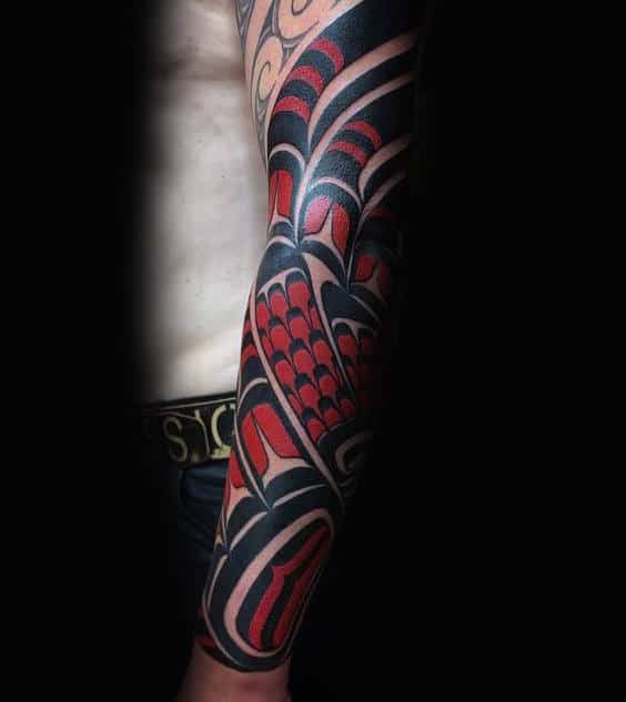 Shiny Black And Red Haida Tattoo Mens Sleeves