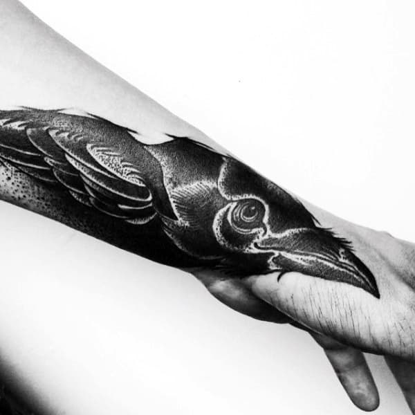 Shiny Black Raven Tattoo On Forearms For Men