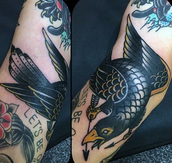 Shiny Black Raven Tattoo With Arrow Guys Arms