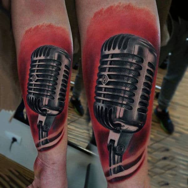 Shiny Microphone Tattoo On Red Background Mens Forearm