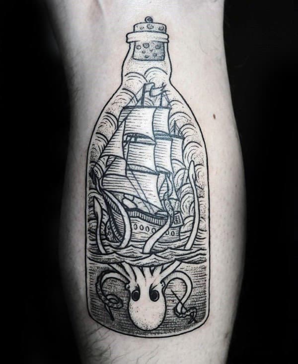Ship In A Bottle Mens Kraken Leg Calf Tattoos