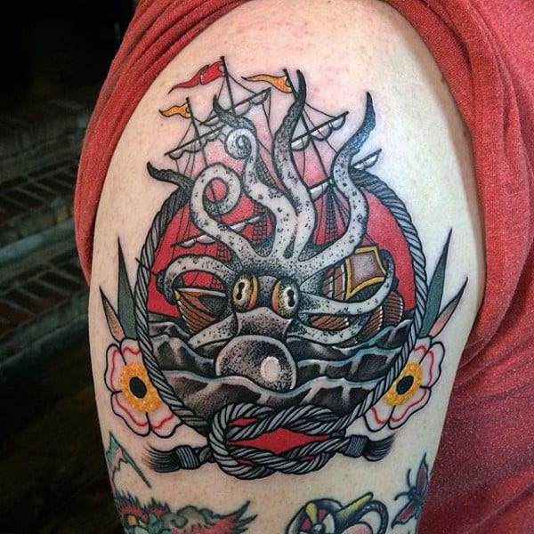 Ship Sea Octopus And Rope Tattoo Mens Arms