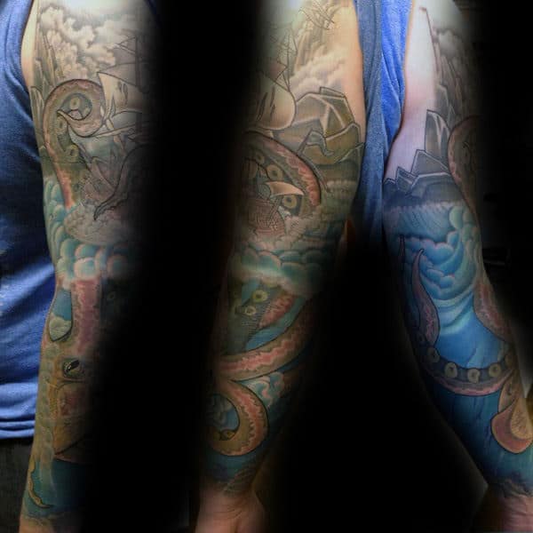 Ship Sinking In Sea Mens Kraken Sleeve Tattoos