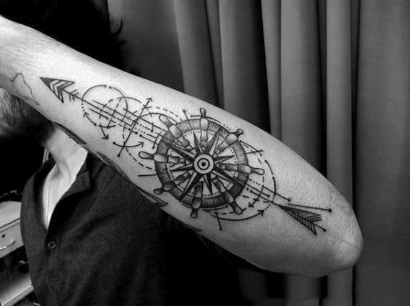 Ship Wheel Simple Line Tattoo For Men