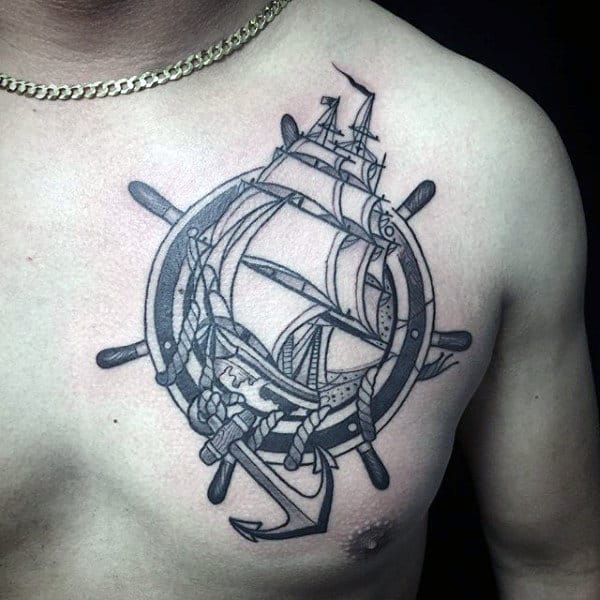 Ship Wheel With Anchor Male Traditional Chest Tattoos