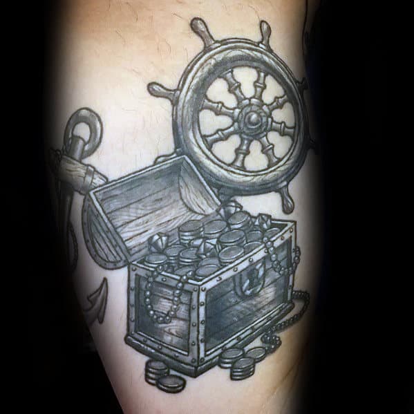 Ship Wheel With Treasure Chest And Anchor Guys Shaded Arm Tattoo