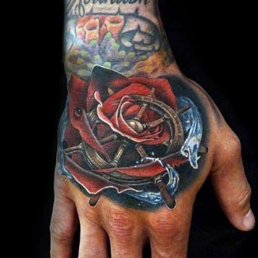 Ship Wheel With Water Realistic Red Rose Mens Hand Tattoos