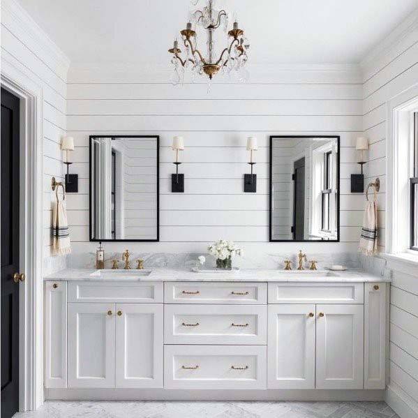 Shiplap Master Bathroom With White Double Vanity