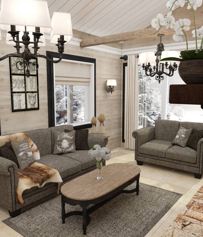small country style living room with gray sofas