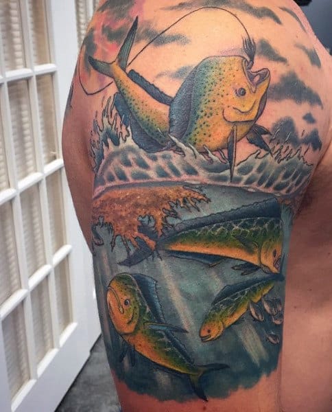 Shoulder And Arm Bass Fishing Tattoos For Men