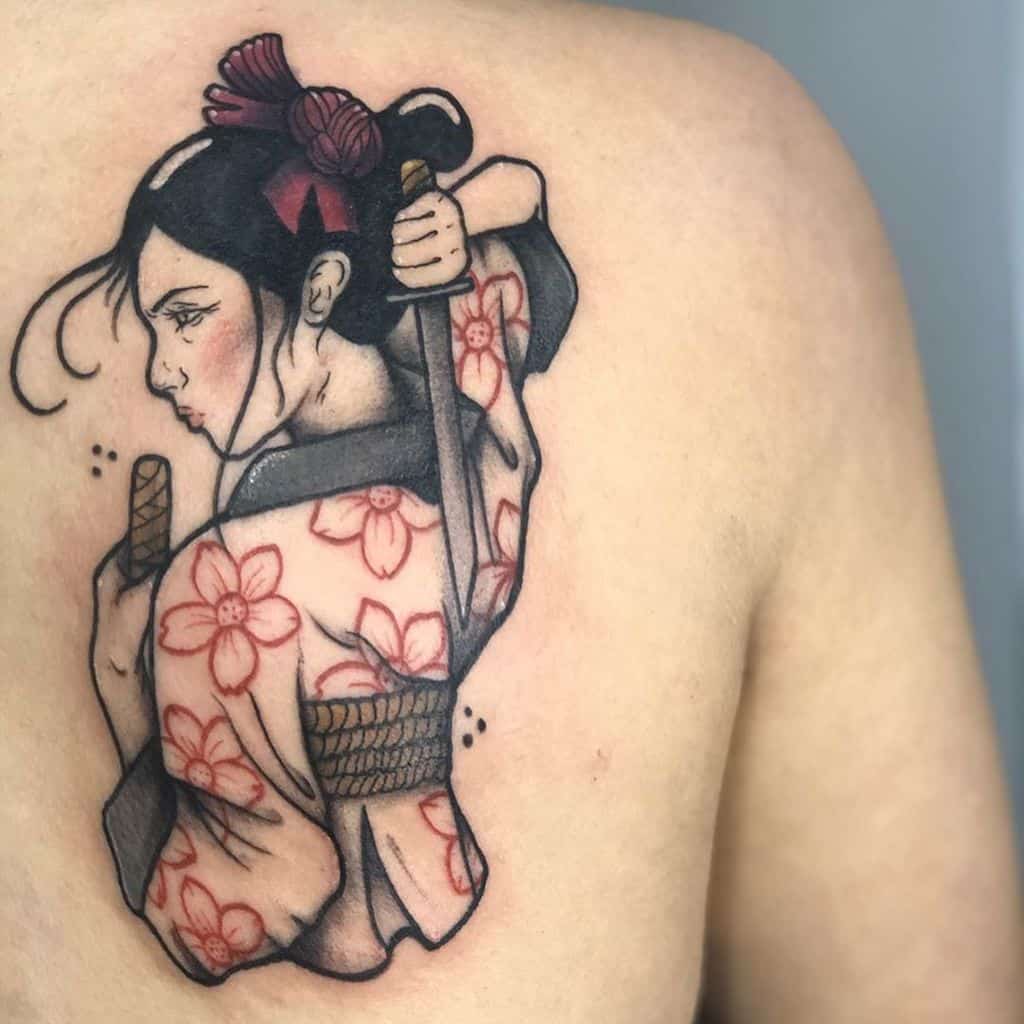 Shoulder And Back Piece Color Geisha Girl Tattoo