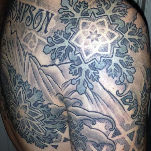 Shoulder And Back Snowflake Mens Dotwork Tattoo Designs