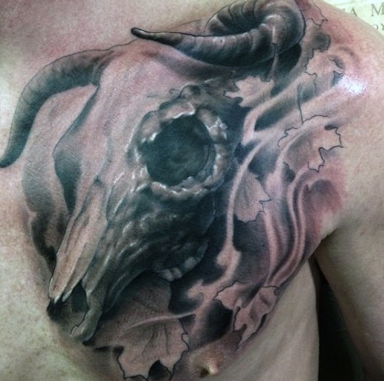 Shoulder And Chest Bull Skull With Leaves Male Chest Tattoo