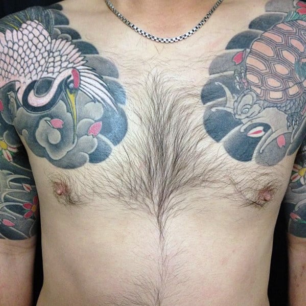 Shoulder And Chest Guys Japanese Crane And Turtle Tattoo