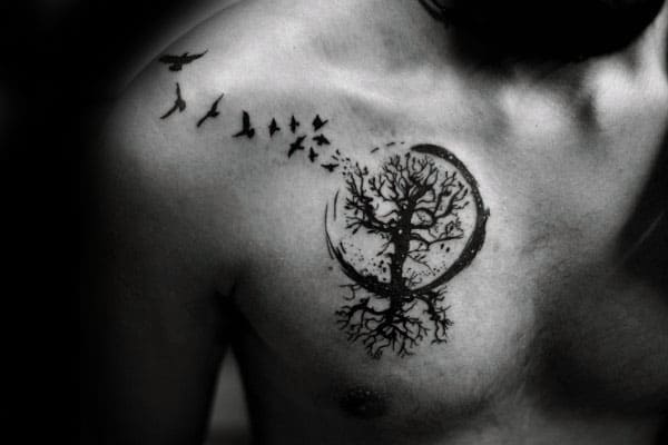 Shoulder And Chest Male Tree Of Life Bird Tattoo Designs