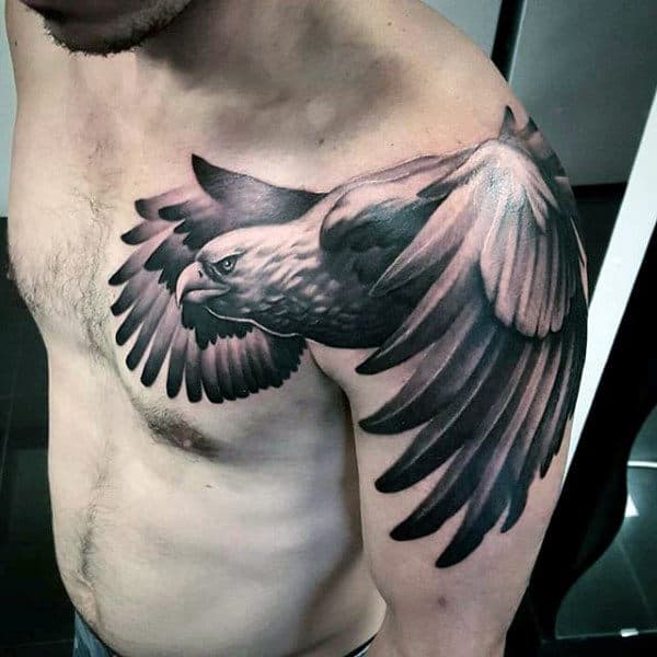 Shoulder And Chest Mens Realistic Shaded Eagle Tattoos