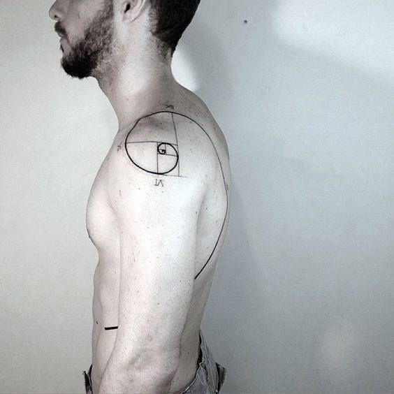 Shoulder And Rib Cage Mens Fibonacci Spiral Black Line Tattoo