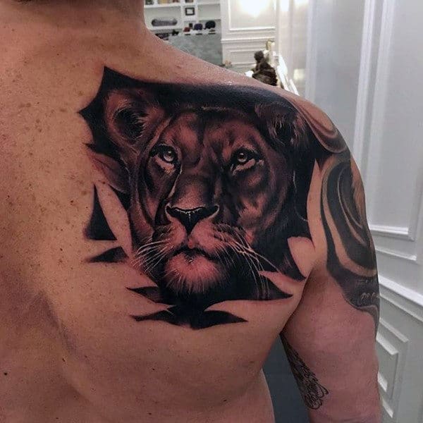 Shoulder And Upper Back Male Lion Head Tattoo Designs