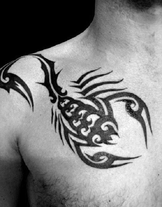 Shoulder And Upper Chest Tribal Scorpion Male Black Ink Tattoos