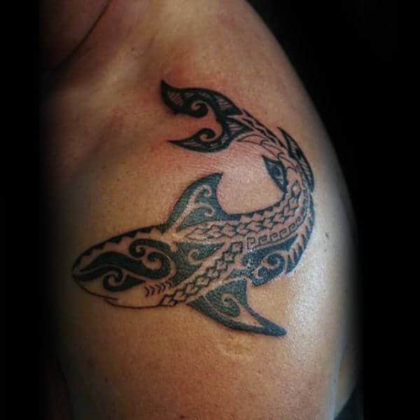 Shoulder Black Ink Tribal Shark Tattoos For Males