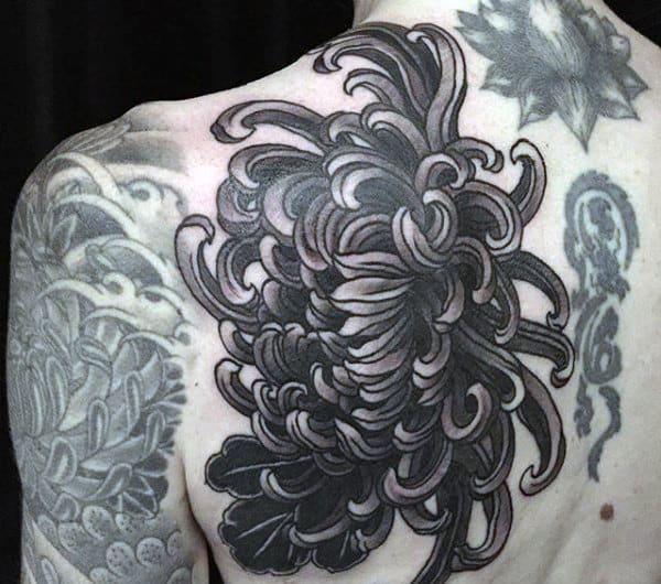 Shoulder Blade Chrysanthemum Flower Male Grey And Black Ink Shaded Tattoo
