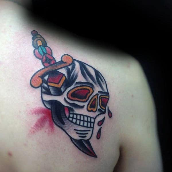 Shoulder Blade Male Traditional Skull And Dagger Tattoo Ideas