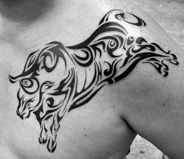 Shoulder Bull Tribal Male Black Ink Tattoo Designs