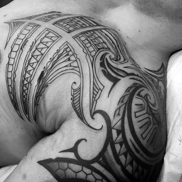 Shoulder Cap And Upper Chest Sick Tribal Tattoo Designs For Men
