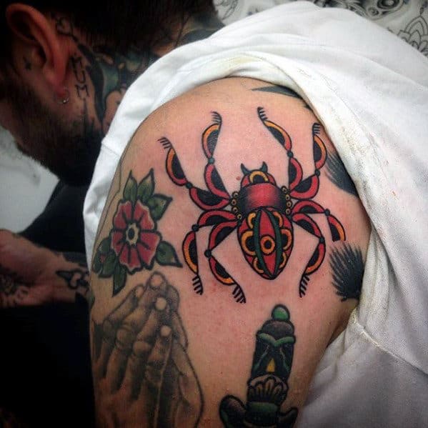 Shoulder Cap Guys Traditional Red Ink Spider Tattoo Designs