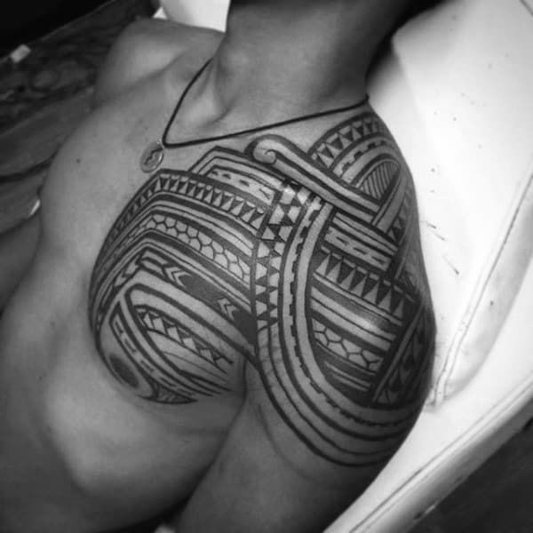 Shoulder Cap With Upper Chest Polynesian Tribal Tattoos For Men