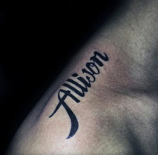 Shoulder Male Allison Name Tattoo With Black Ink Design