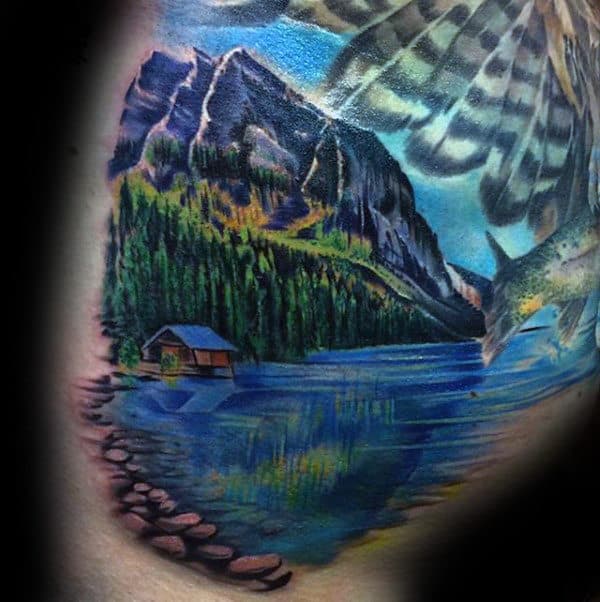 Shoulder Male Landscape Lake And Mountains Tattoo