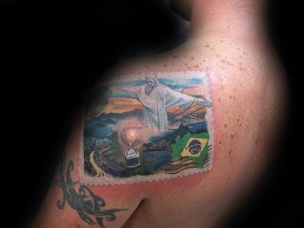 Shoulder Male With Cool Postage Stamp Tattoo Design