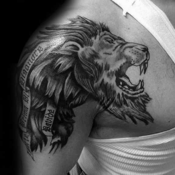 Shoulder Mens Lion With Banner Tattoo