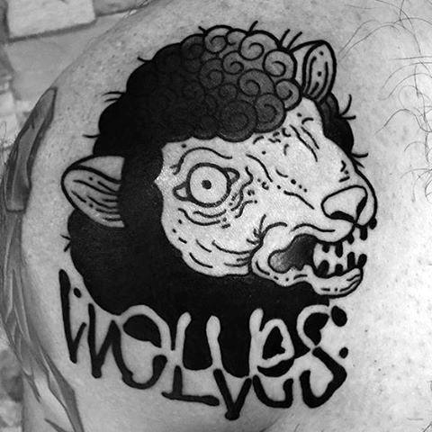 Shoulder Negative Space Wolves Mens Sheep Tattoo Design Ideas.