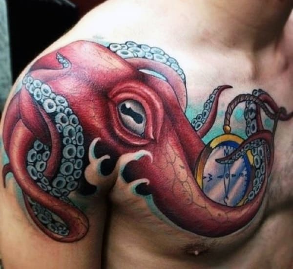 Shoulder Red Octopus Tattoo For Men