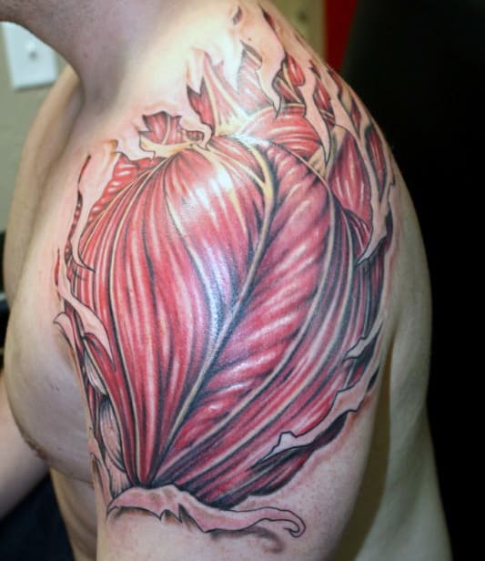 Shoulder Ripped Skin Muscle Tattoo On Man
