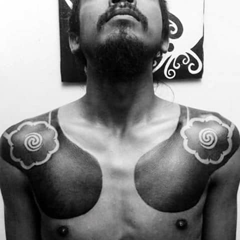 Shoulders Spiral Blackwork Abstract Male Tattoo