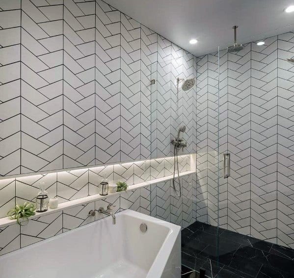 large modern bathroom with pattern tiles