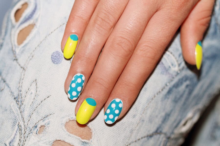 Yellow and blue polka dot nails