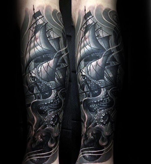 Sick Shaded Black And Grey Ink Octopus Mens Leg Tattoos