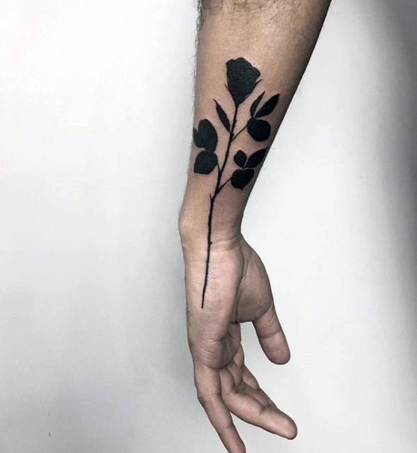 Side Of Forearm Black Rose Flower With Stem Minimalist Small Guys Tattoos