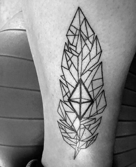 Side Of Leg Geometric Feather Mens Tattoo Ideas