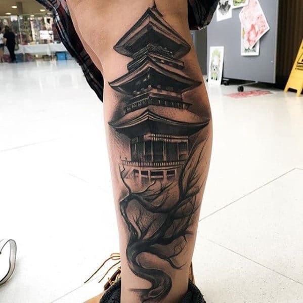 Side Of Leg Guys Japanese Temple Tattoo Ideas