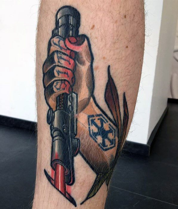 Side Of Leg Lightsaber With Sith Symbol Mens Tattoo Ideas