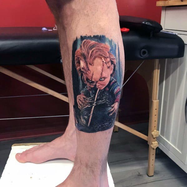Side Of Leg Male Chucky Tattoo