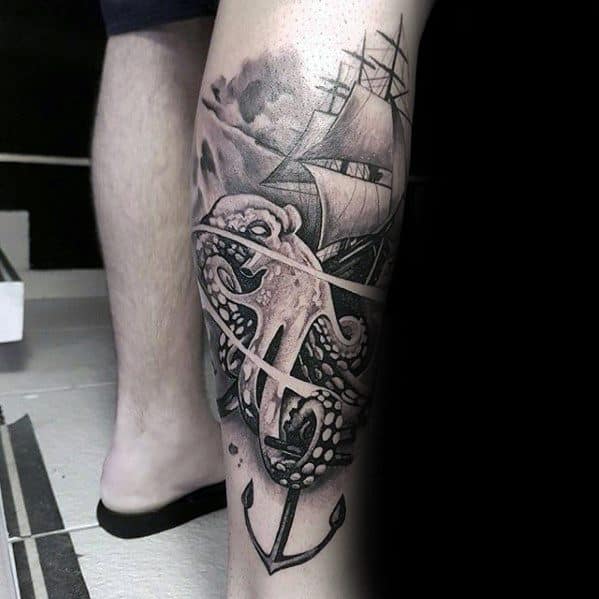 Side Of Leg Male Unique Anchor Ship And Octopus Tattoos