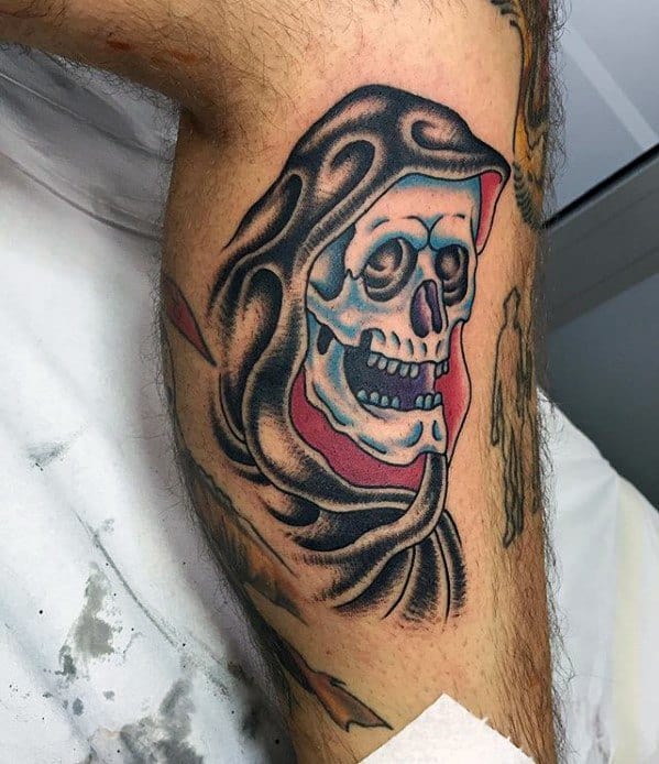 Side Of Leg Male With Cool Traditional Reaper Tattoo Design