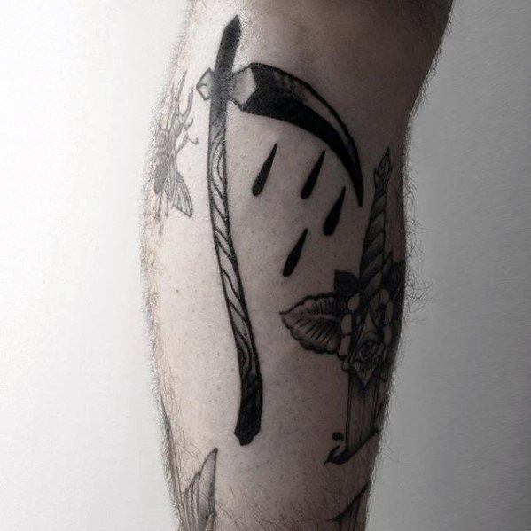 Side Of Leg Retro Tradtional Scythe Tattoo Designs For Guys